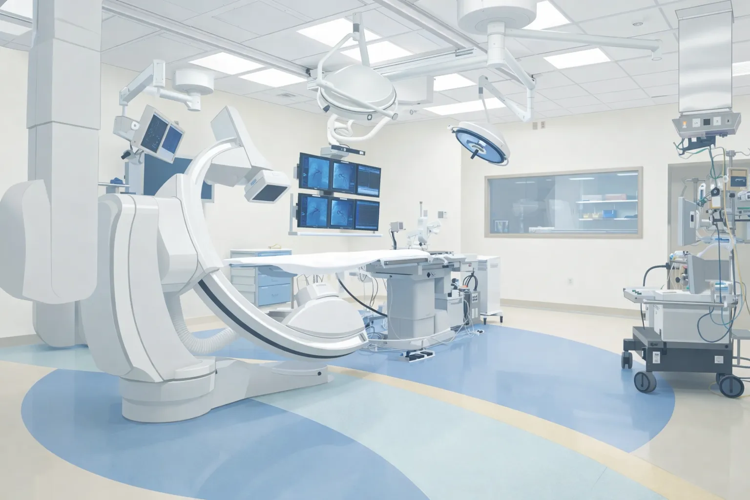 Modern angiography suite with C-arm and monitors
